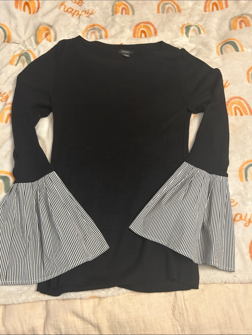 Halogen Black Bell-Sleeve Top with Striped Flare Cuffs